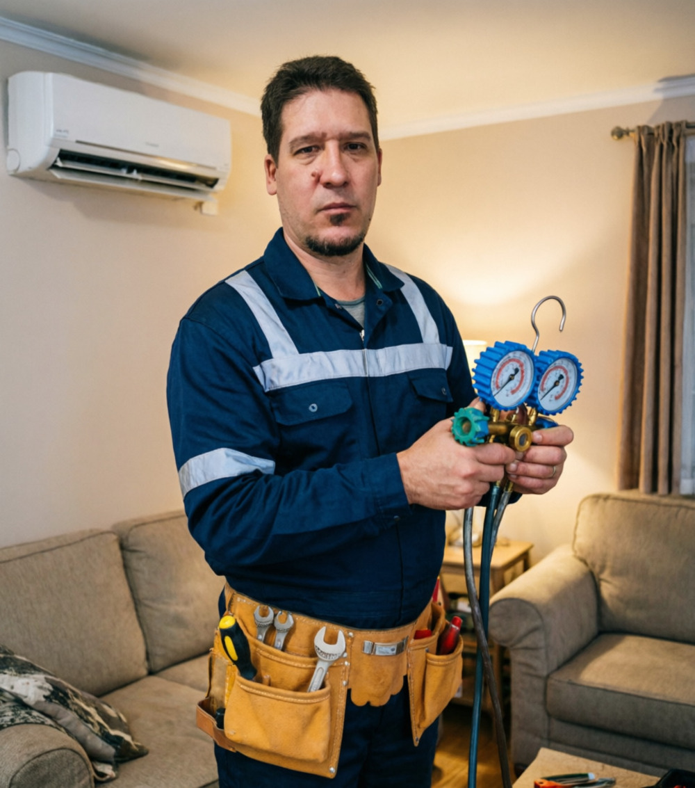 Técnico profesional revisando un aire acondicionado tipo split en un hogar de Florida
