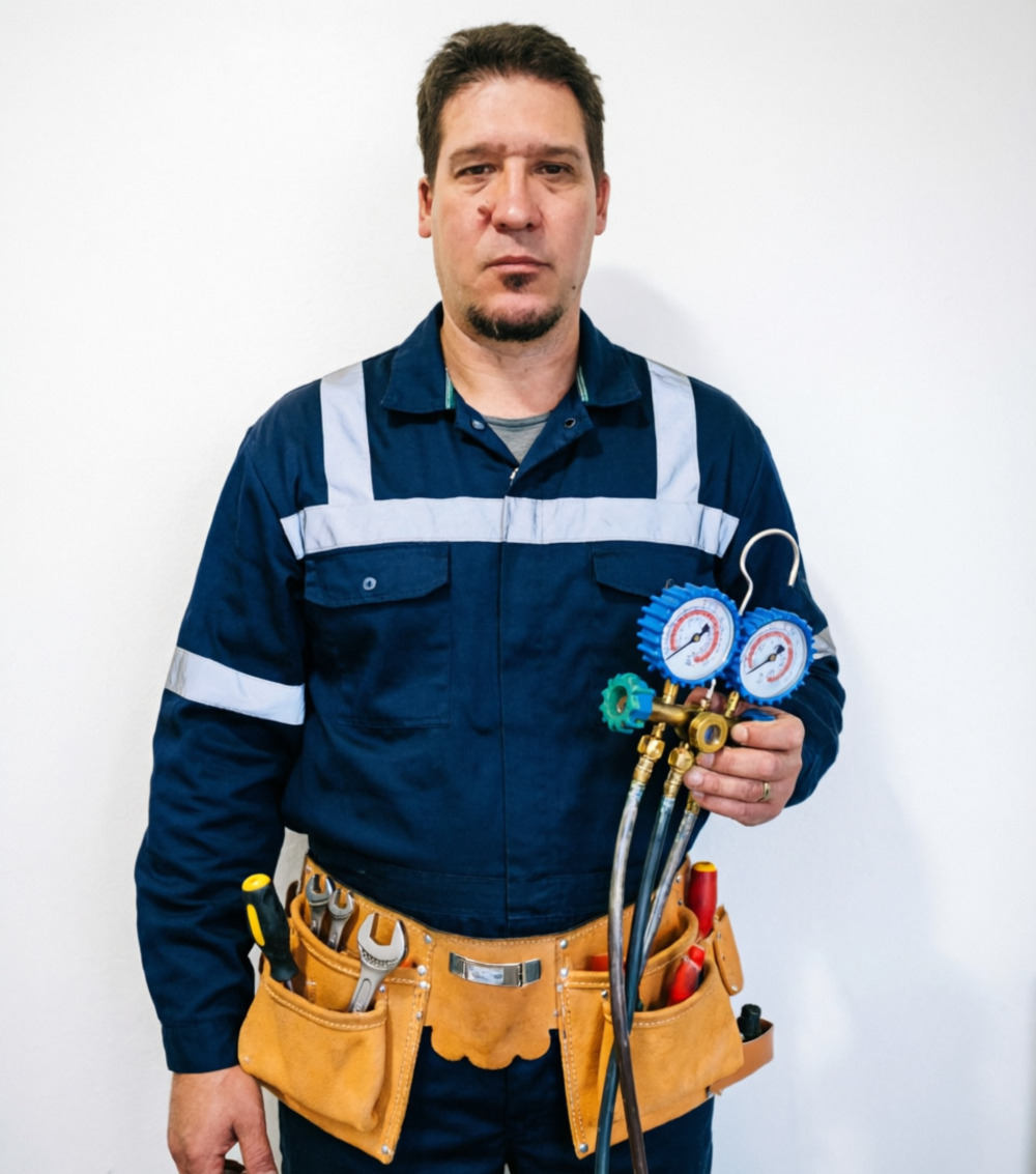 Retrato de Delvis Gutierrez, técnico de aire acondicionado, junto a su furgoneta de servicio en Miami